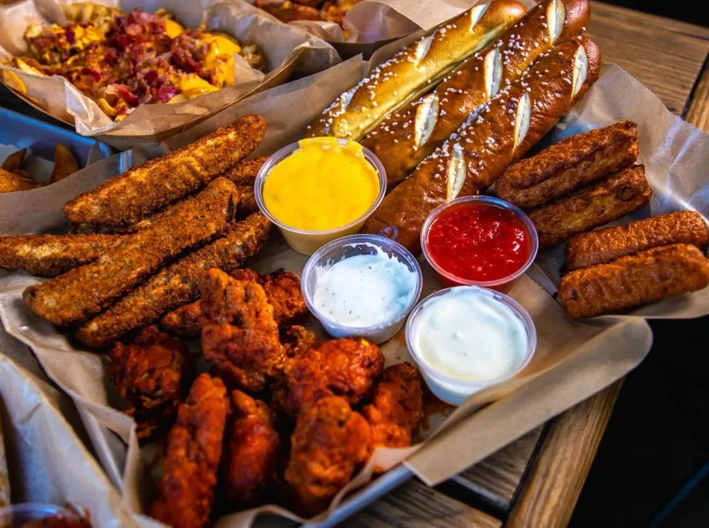 Generous platter of fried appetizers, including wings, pretzels, and sauces.