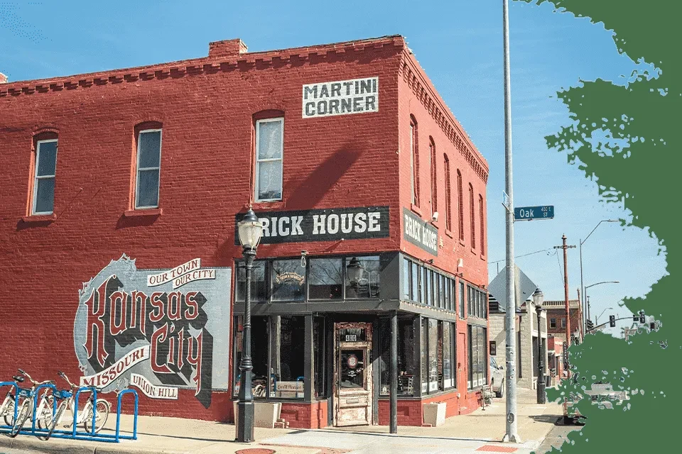Red brick building, 'Martini Corner' and 'Brick House,' Kansas City mural.