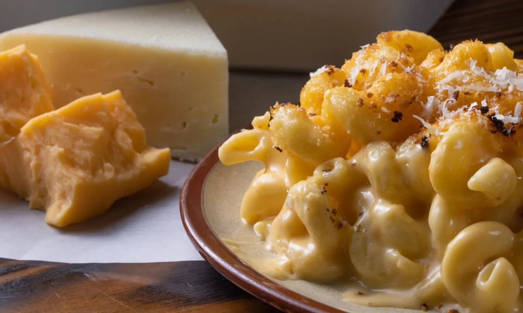 Creamy macaroni and cheese with breadcrumbs; blocks of cheese in background.