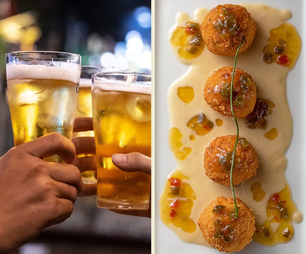 Diptych of clinking beer glasses and golden fried appetizers with sauces.