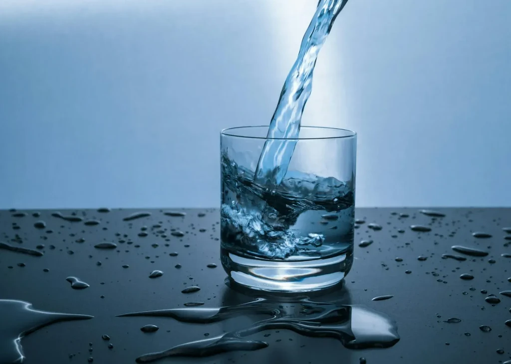 Water actively pouring into a clear glass, splashing on a wet surface.