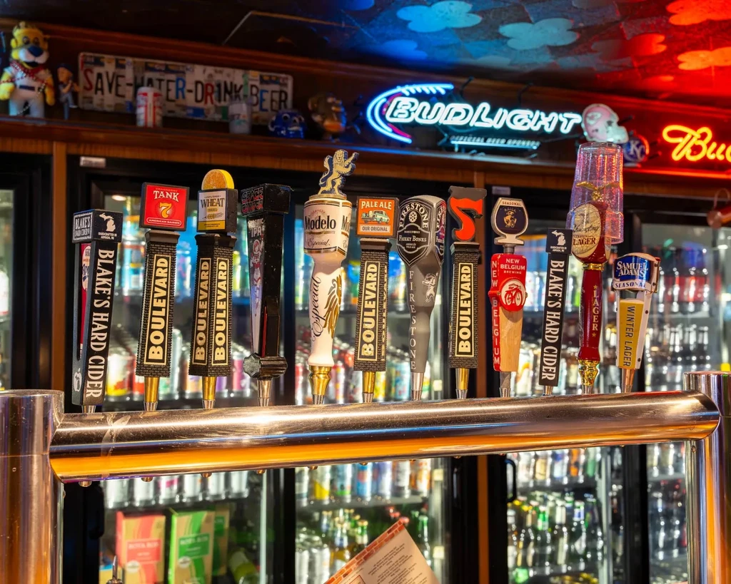Row of twelve diverse beer tap handles with bright neon signs.