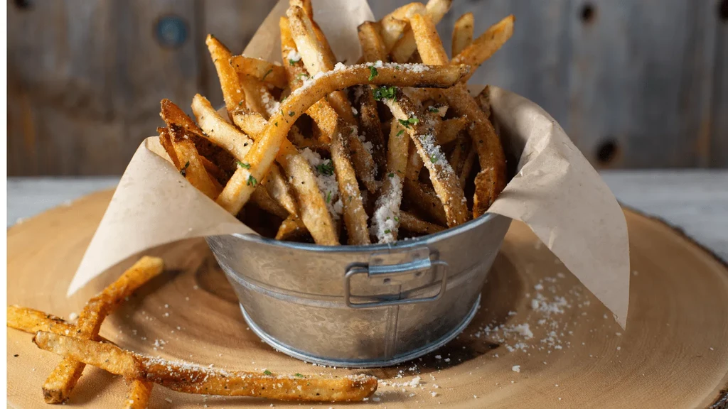 Crispy french fries with Parmesan and herbs in a metal bucket.