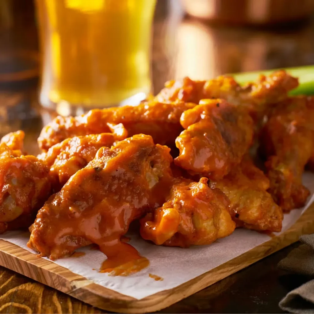 Platter of saucy buffalo chicken wings with beer and celery.