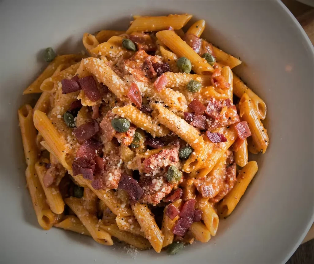 Penne pasta in creamy reddish-orange sauce, topped with bacon, cheese, capers.