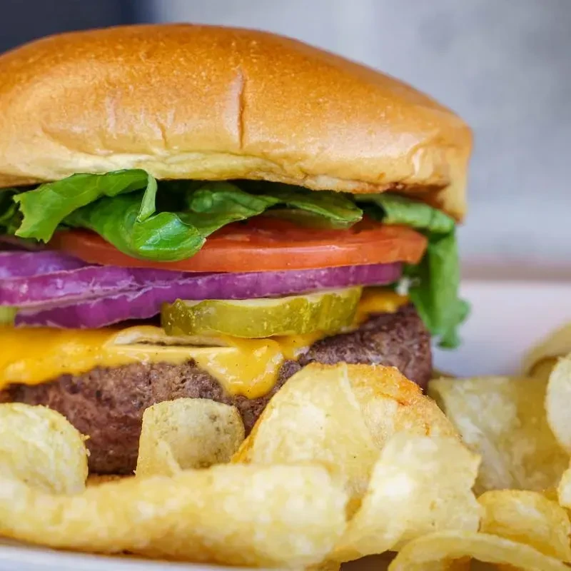 A cheeseburger with melted cheese, fresh vegetables, and golden potato chips.