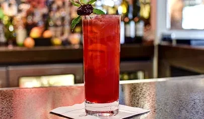 Red cocktail garnished with berry and mint on a bar counter.