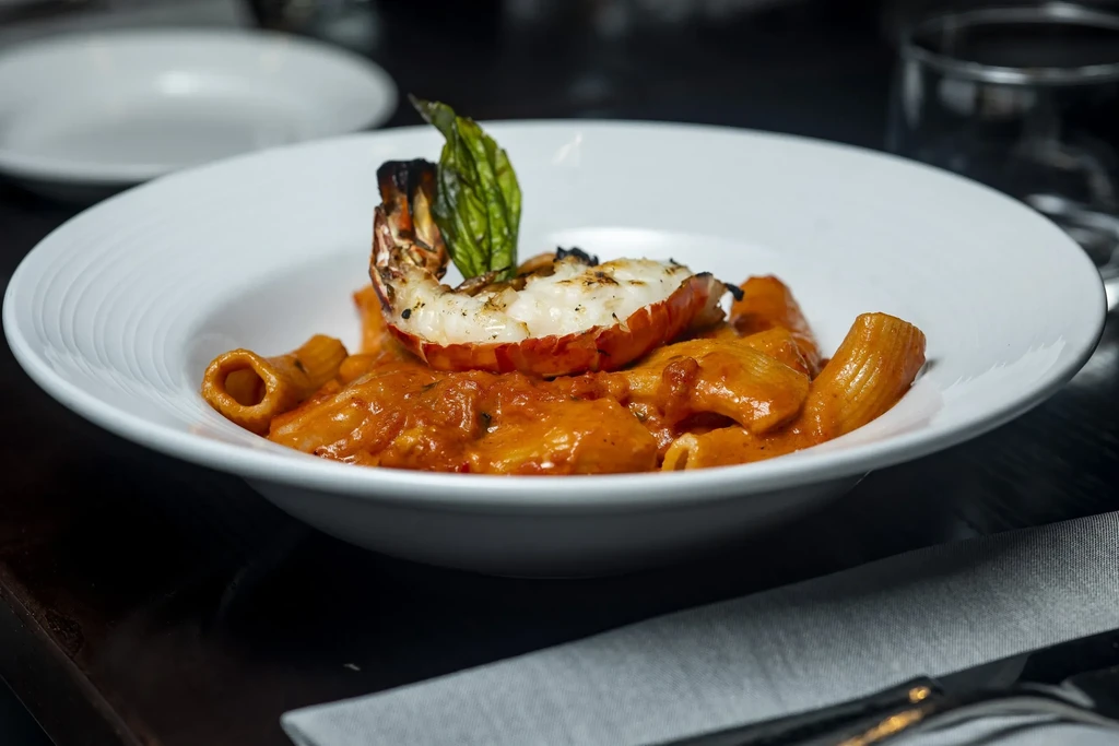 Grilled lobster tail on rigatoni with creamy red-orange sauce and basil.