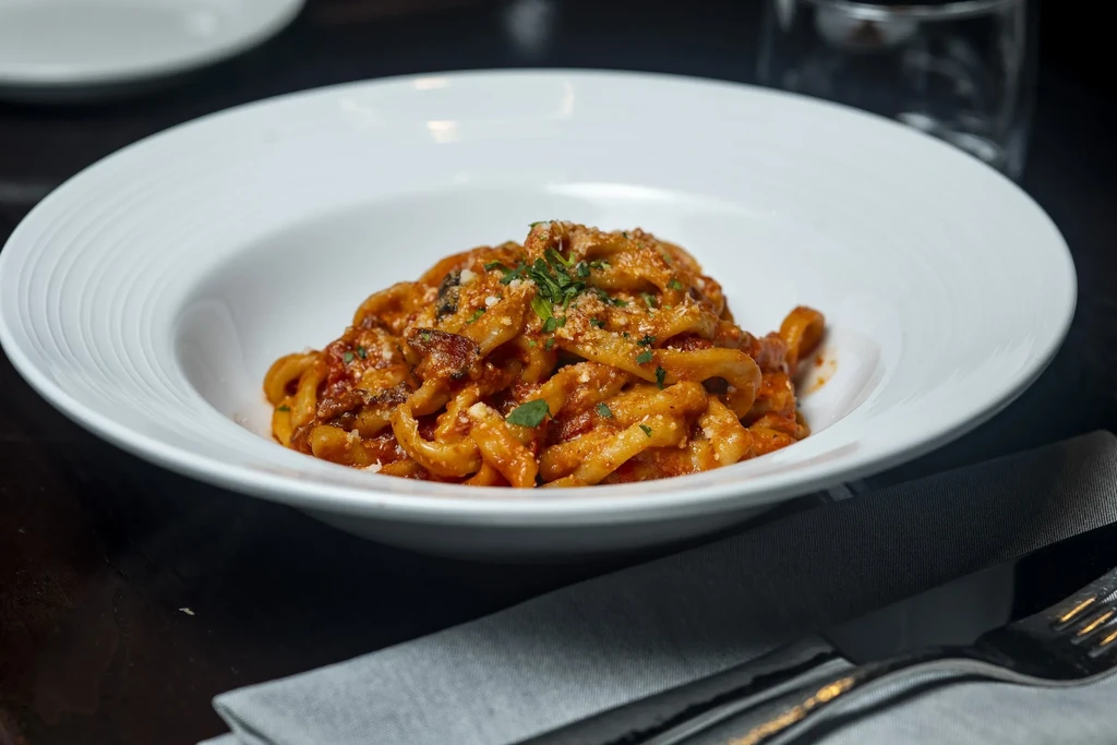 Close-up of thick pasta with red sauce, cheese, and green herbs.