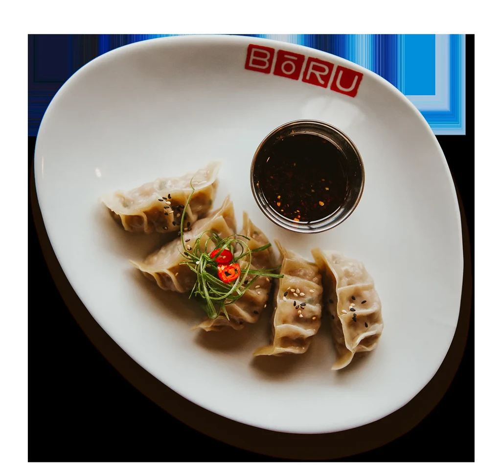 Five garnished dumplings on a BŌRU plate with dipping sauce.