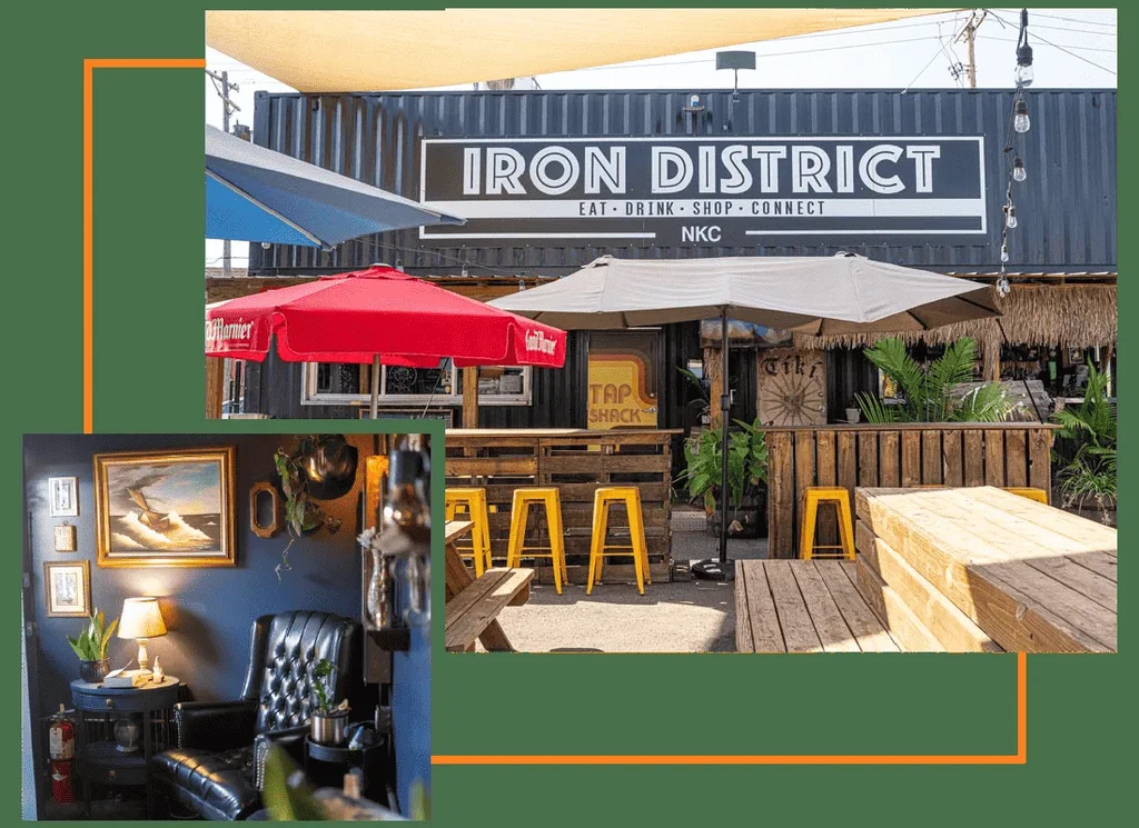 Composite image of an outdoor container bar and an indoor lounge.