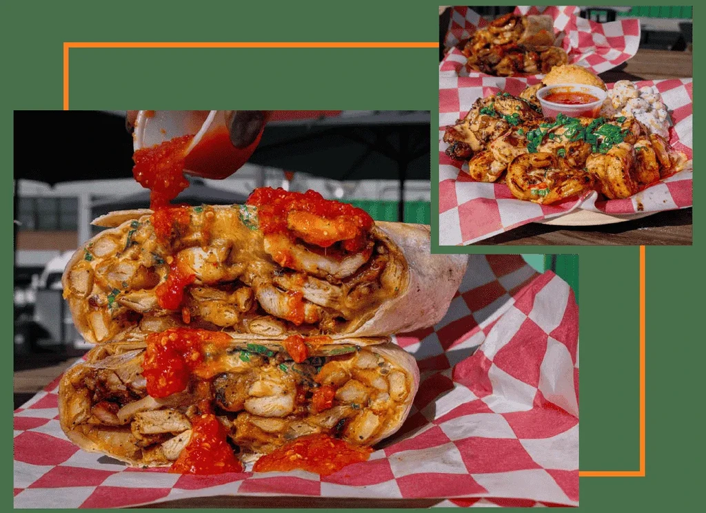 Hand pours salsa on a burrito, beside grilled chicken and shrimp.