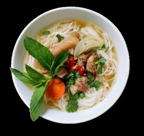 Overhead view: noodle soup with meat, vermicelli, vegetables, herbs, and chili.