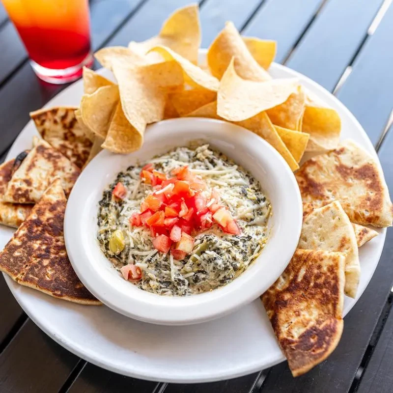 Creamy green dip with tomatoes, tortilla chips, and flatbread.