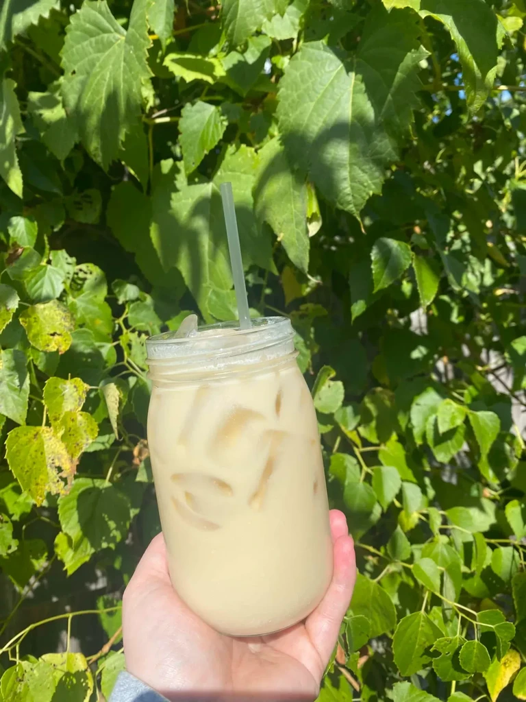 Hand holding creamy iced drink in mason jar, lush green background.