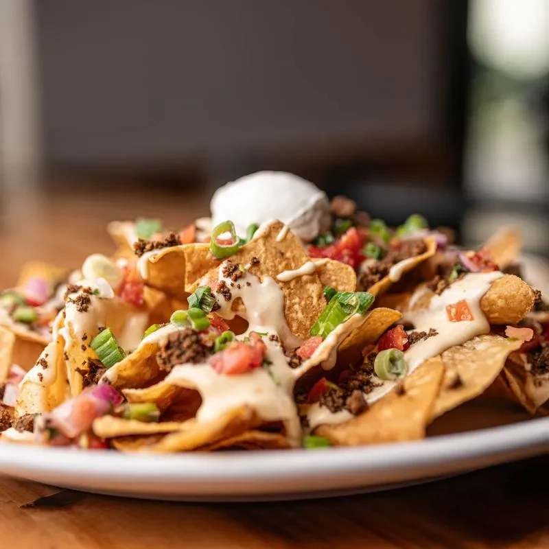 Close-up plate of nachos with cheese, meat, tomatoes, onions, and crema.