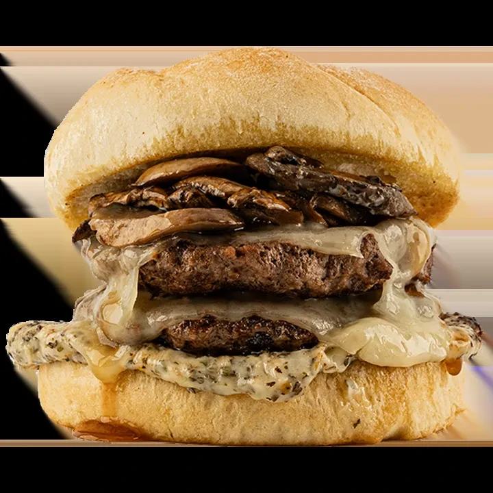 Double beef patty burger with melted cheese and sautéed mushrooms.
