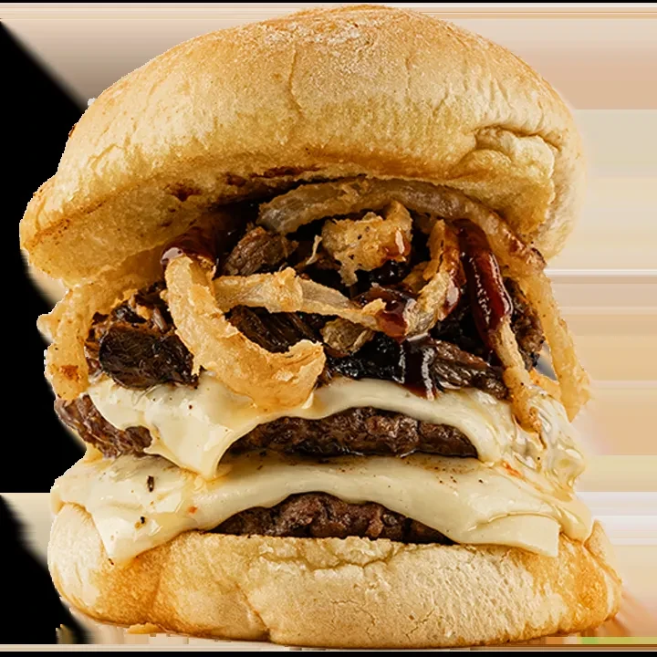 Double beef burger with melted cheese, pulled meat, and onion rings.