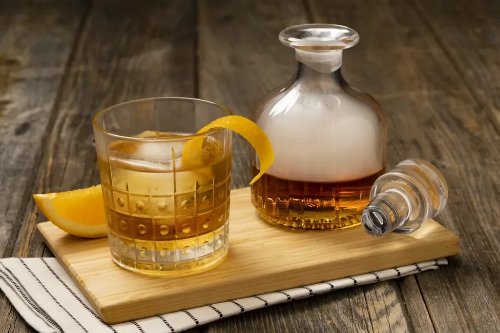 Amber cocktail in glass and smoky decanter on wooden board.