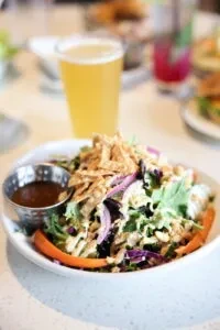 Colorful mixed green salad with crispy fried onions and a side sauce.