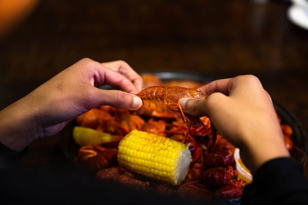 Close-up of hands peeling a boiled crawfish with corn and lemons.