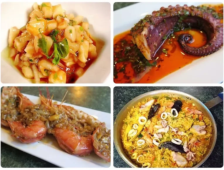 Collage of four distinct seafood dishes in a 2x2 grid.