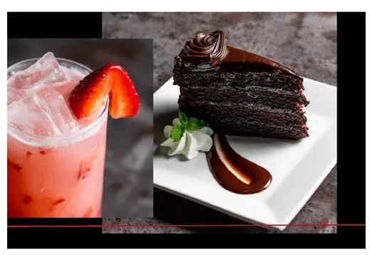 Pink strawberry drink with ice and a slice of chocolate cake.