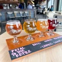 Four Upland Brewing craft beer samples on a labeled wooden board.