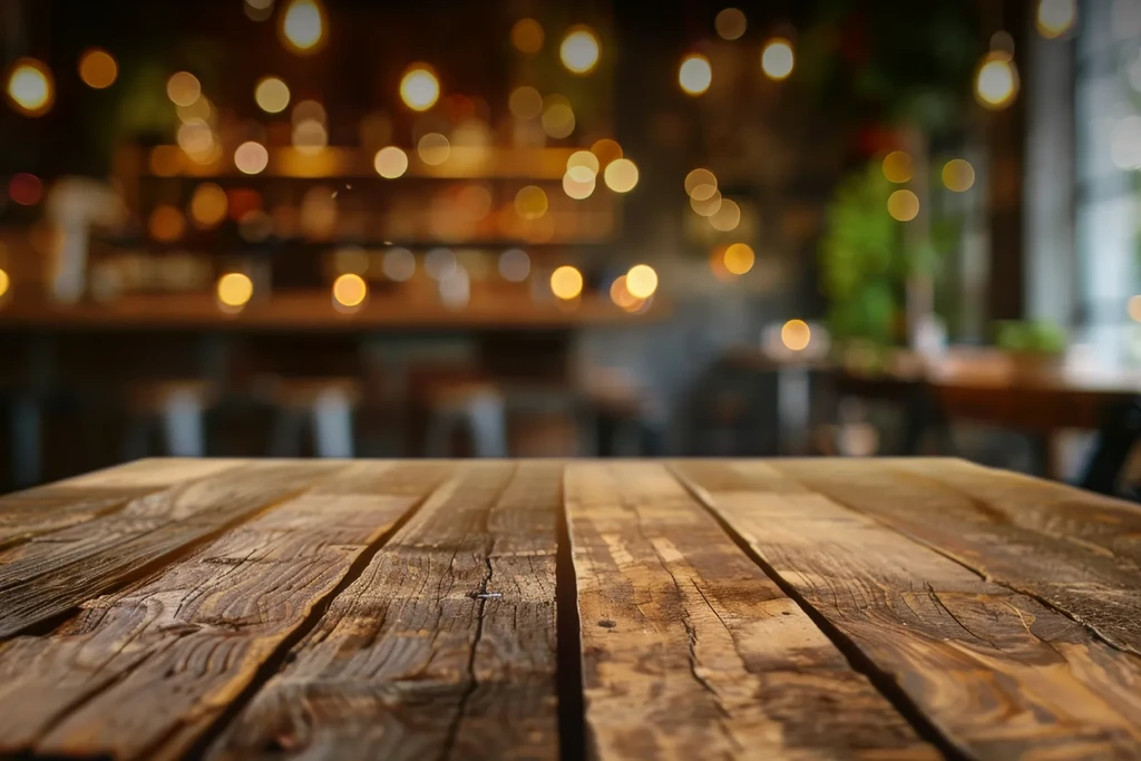Sharp rustic wooden table with warm, blurry background lights.