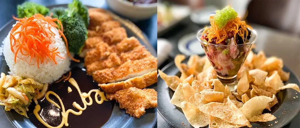 Two plates: katsu with "Shiba" sauce, and a poke bowl with chips.