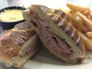 Pressed deli meat and cheese sandwich with fries and sauce.