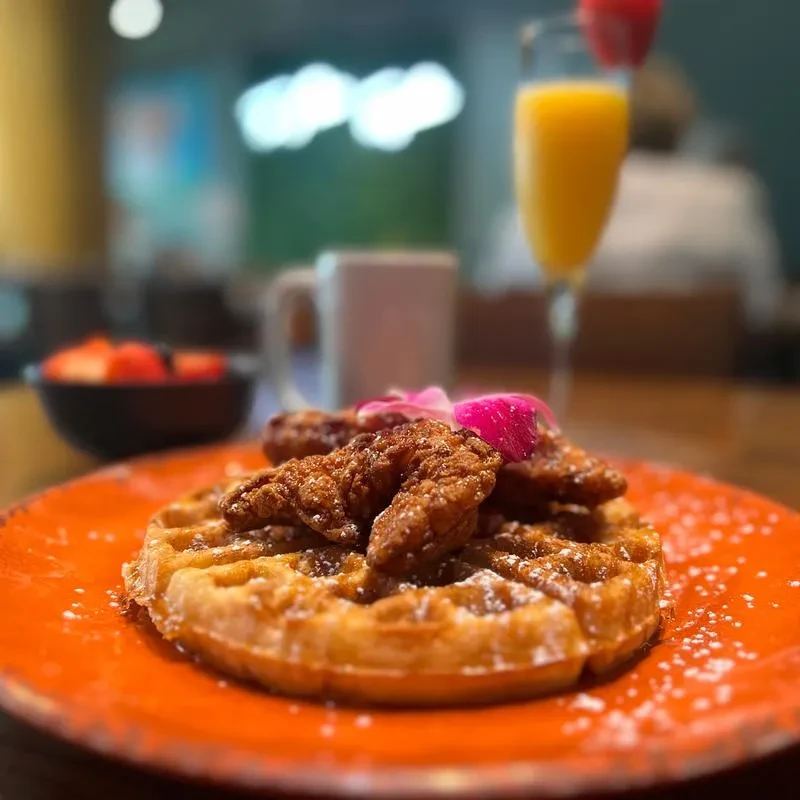 Chicken and waffles on orange plate, with powdered sugar and pink flower.