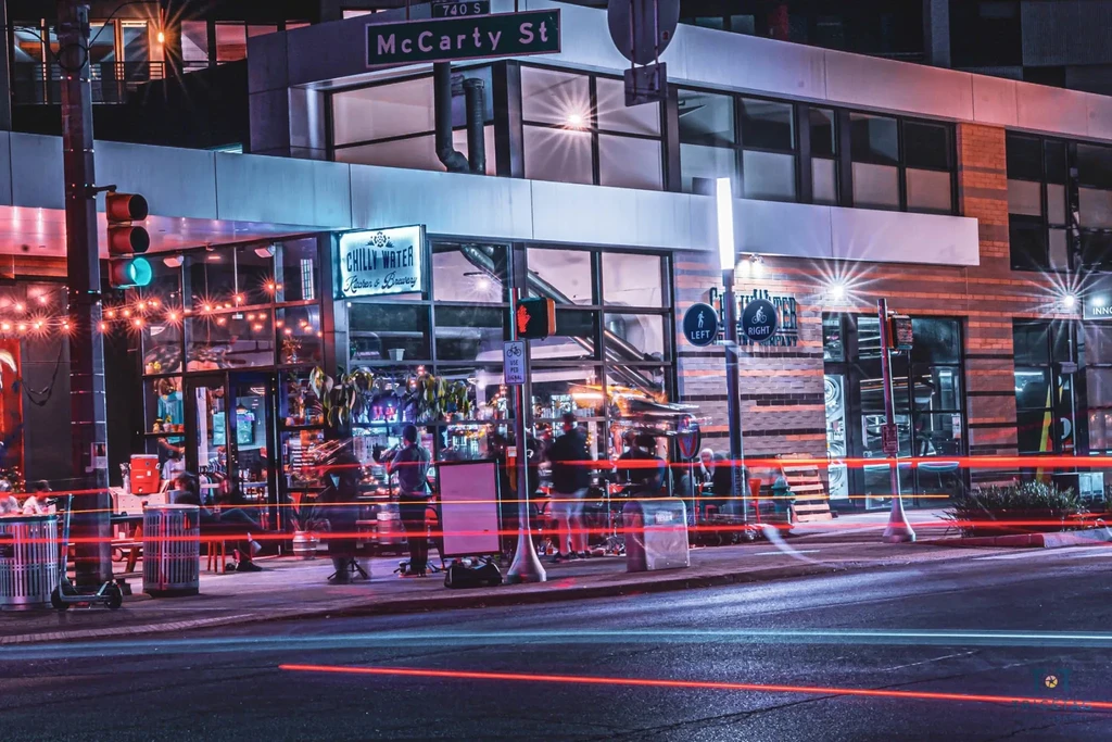 Chilly Water Brewery at night, long exposure shows car light trails.