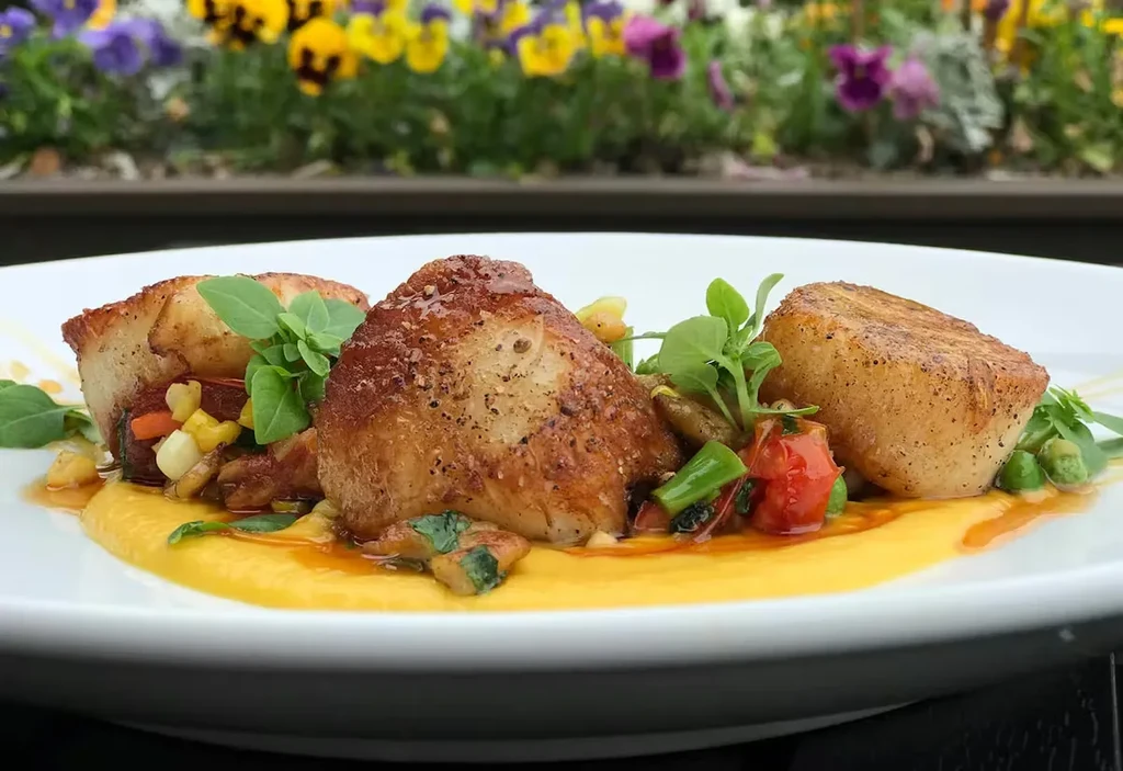 Three golden-brown seared scallops with yellow purée, vegetables, and herbs.