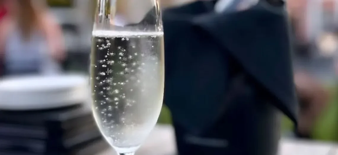 Glass of sparkling wine beside a chilled bottle in ice bucket