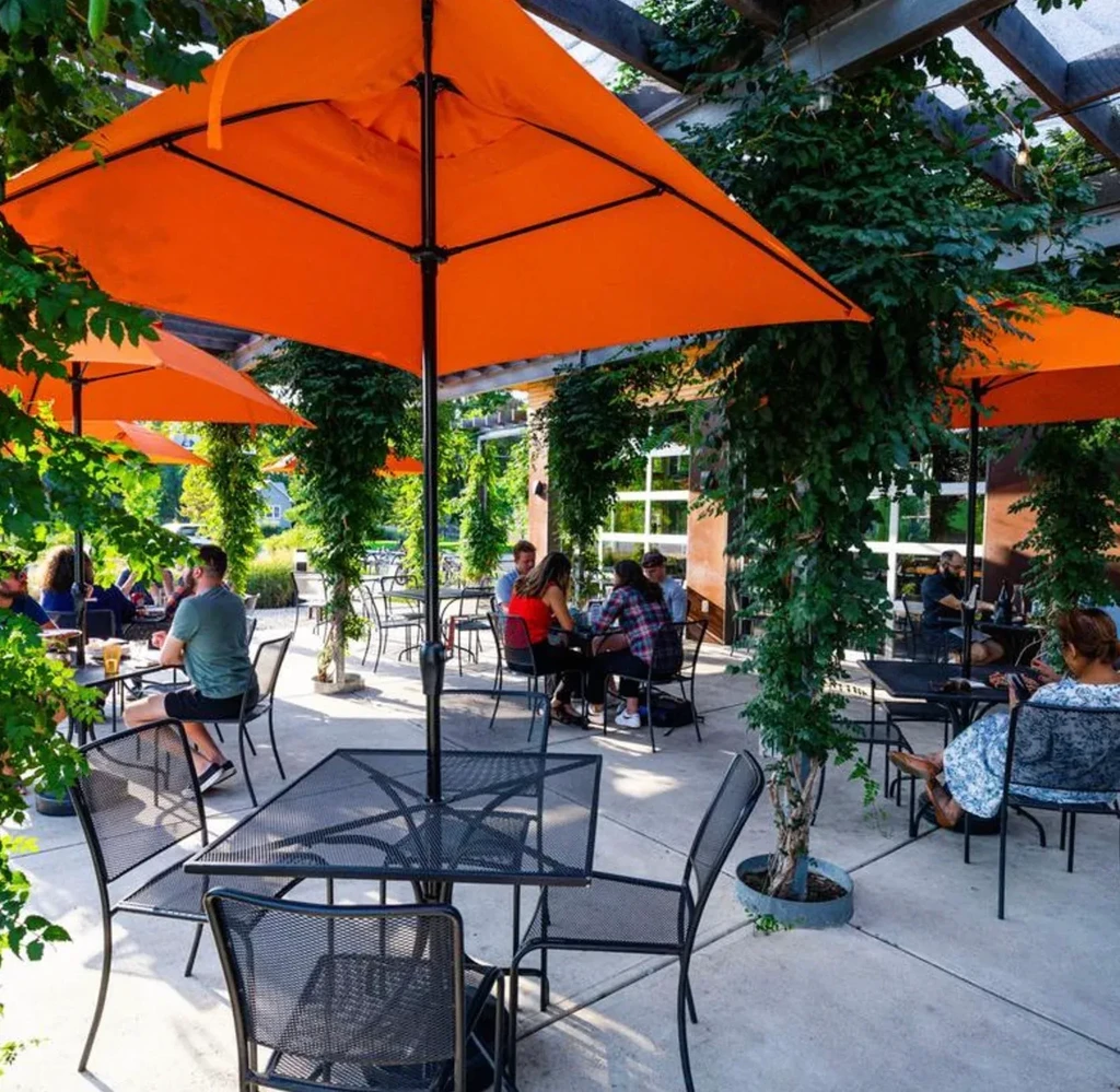Restaurant patio with orange umbrellas, green foliage, and seated diners.