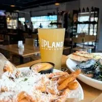 Brewpub table with cheesy fries, seafood, and Upland Brewing beer.