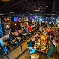 Bustling Upland Brewing interior with patrons at bar and communal tables.