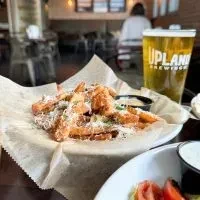Close-up of cheese fries with herbs and Upland Brewing beer.