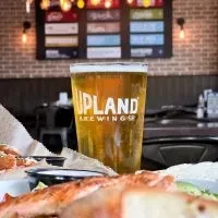 Upland Brewing Co. beer pint, fried chicken, and brewery menu board.