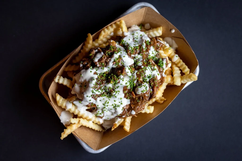 Loaded crinkle-cut fries topped with meat, white sauce, and green herbs.