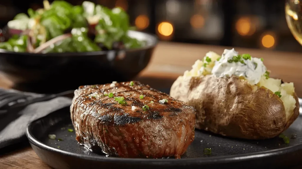 High-quality close-up of grilled steak and loaded baked potato with chives.