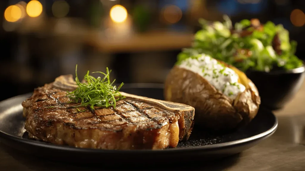 Grilled steak with herbs, loaded baked potato, and green salad.