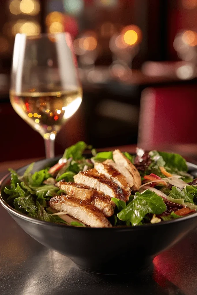 Close-up of grilled chicken salad, white wine, warm bokeh lights.