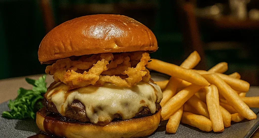 Gourmet hamburger with melted cheese, onion rings, and golden french fries.