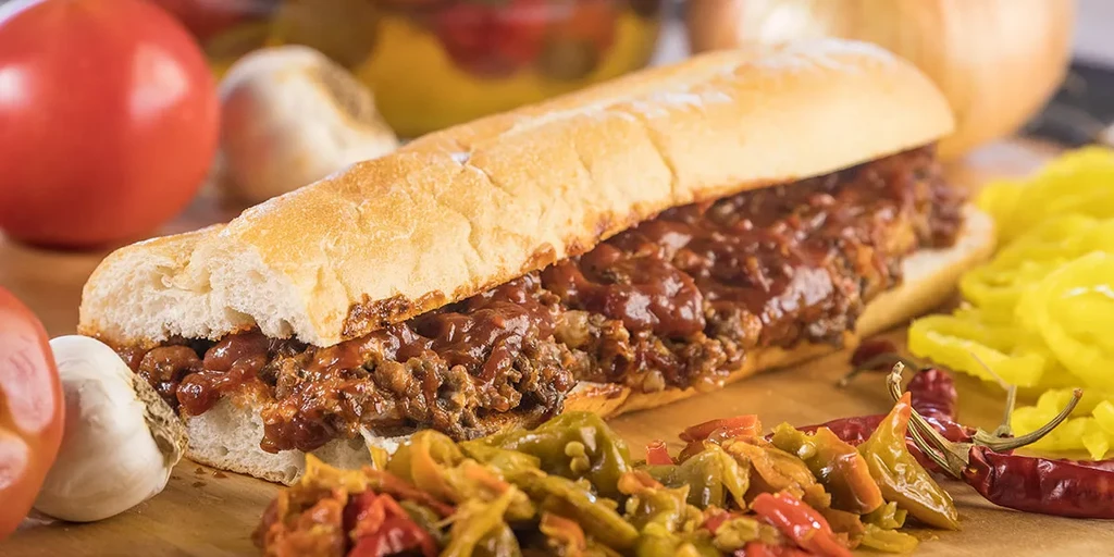Split sub sandwich with ground meat, beans, peppers, tomatoes on wood.