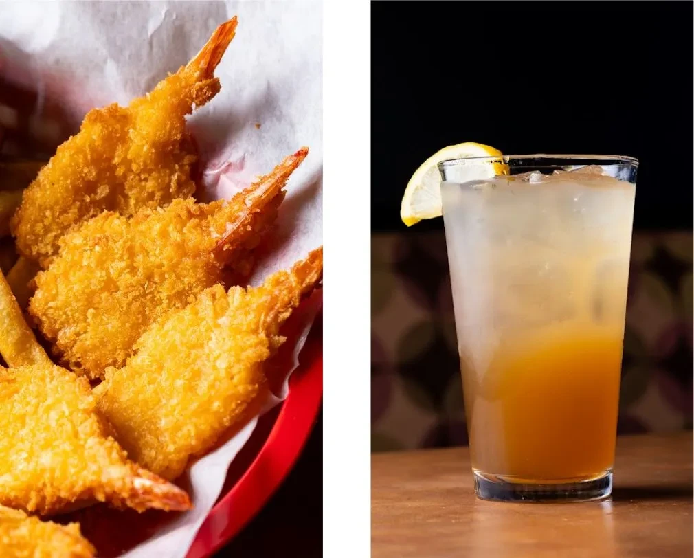 Split image features crispy fried shrimp and an iced beverage with lemon.