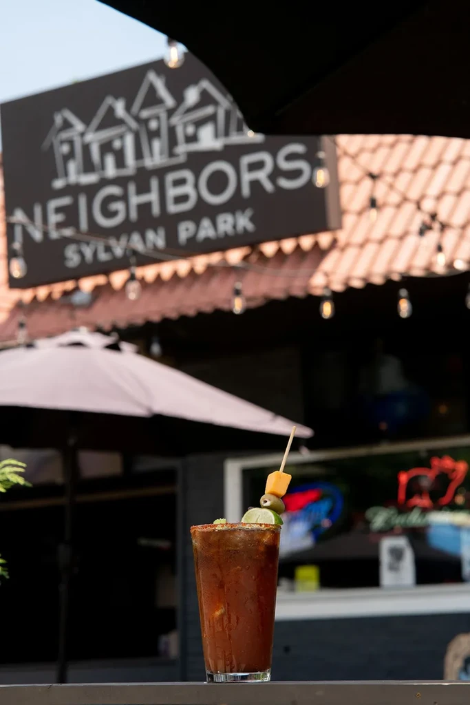 Close-up of a garnished Bloody Mary at Neighbors Sylvan Park.