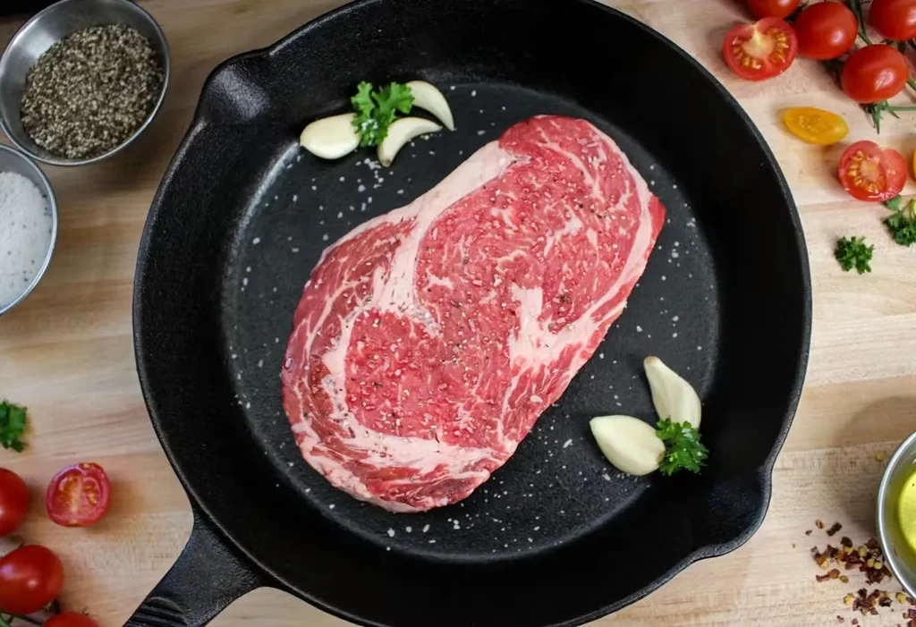 Raw ribeye steak in pan surrounded by fresh herbs, tomatoes, and seasonings.