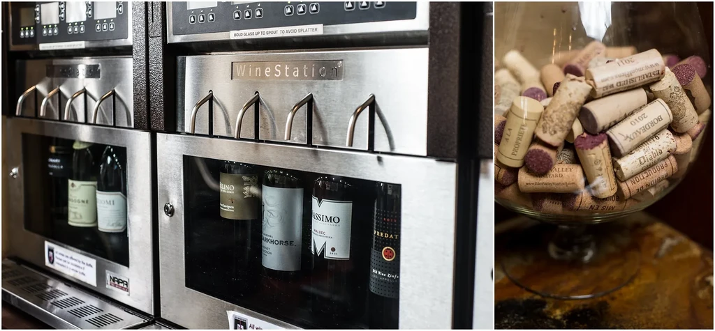 Modern wine dispenser and glass bowl filled with used corks.